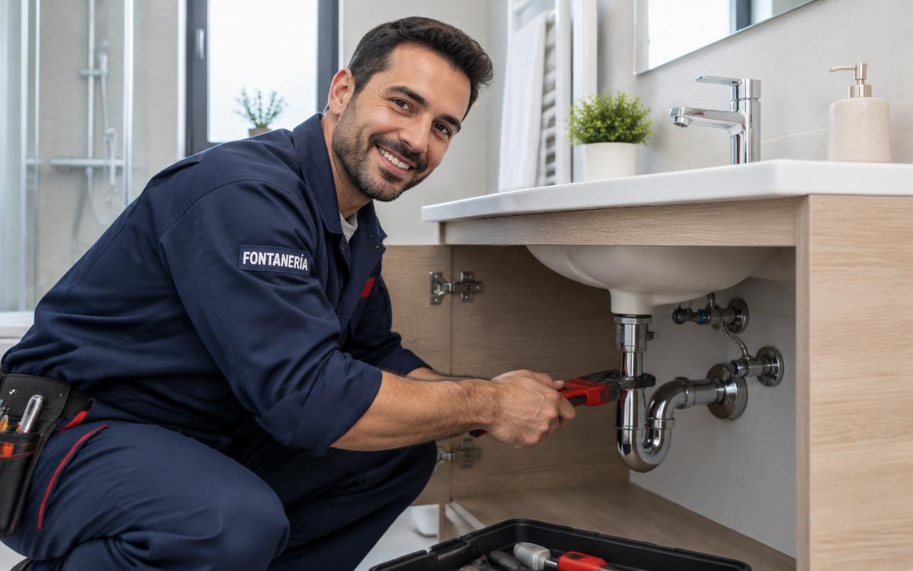 Fontanero de AquaUrgent reparando el sifón de un lavabo en una vivienda de Valencia